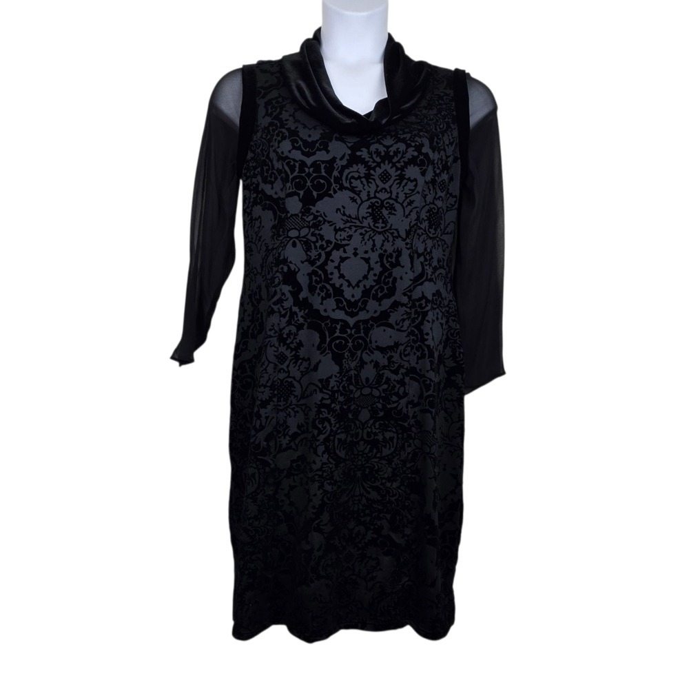 Arianne Womens Sheer Sleeve Black Burnout Velvet Cowl Neck Dress Size L NWT